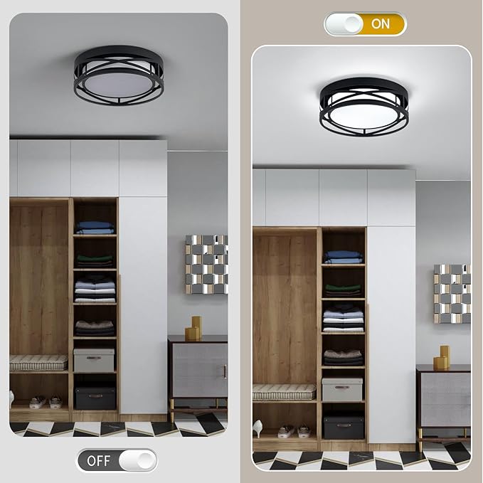 Modern LED Ceiling Light Fixture, 6000K Round LED Flush Mount Hallway Light Fixtures, Farmhouse Black Close to Ceiling Light for Hallway Bedroom Balcony Porch Stairway(Round, 12.6INCH)