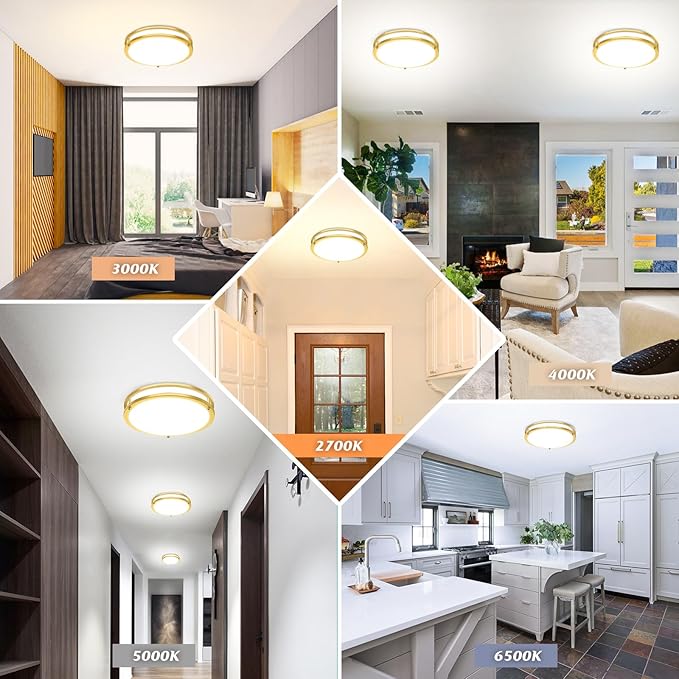 Brightever 13 Inch LED Ceiling Light Fixture, 36W 4400Lm Flush Mount Ceiling Lights, Dimmable 5CCT 2700K/3000K/4000K/5000K/6500K, Super Bright Modern Bedroom Lamps for Kitchen Hallway, Gold, 2 Packs