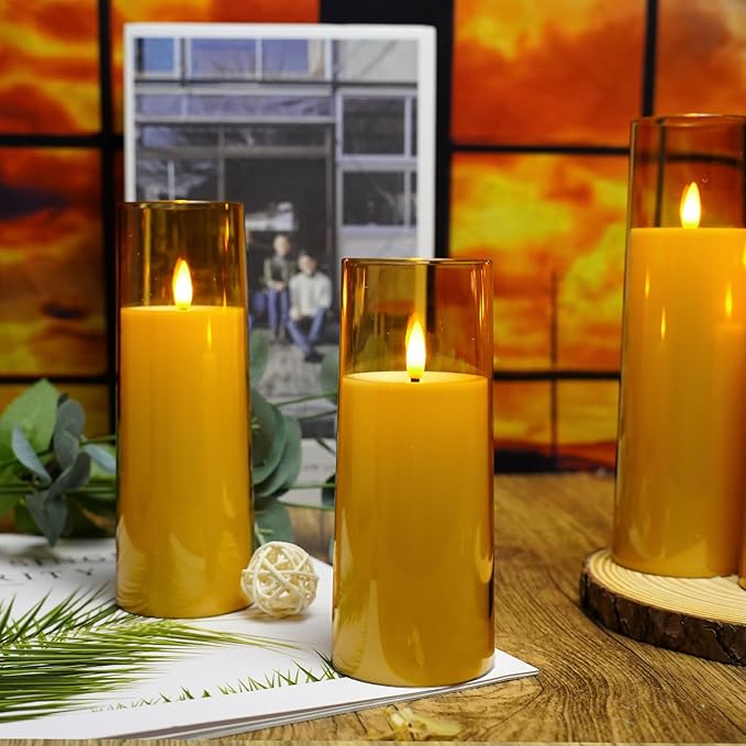 Flickering Flameless Candles Battery Operated with Remote and 2/4/6/8 H Timer Acrylic Led Pillar Candles Pack of 9 (appr D2.3"xH5.5"6.5"7.5")with Realistic 3D Wick Candles for Home Decor(Gold)