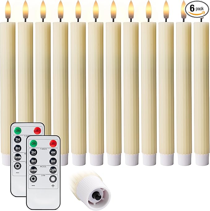 WYZworks 10" Fluted LED Ivory Grooved Pillar Candles with 2 Remotes & 24h Timer Memory, On/Off Switch - Flameless Dimmable Battery Operated w/Flicker Mode, Home Wedding Decor (12 Pack)