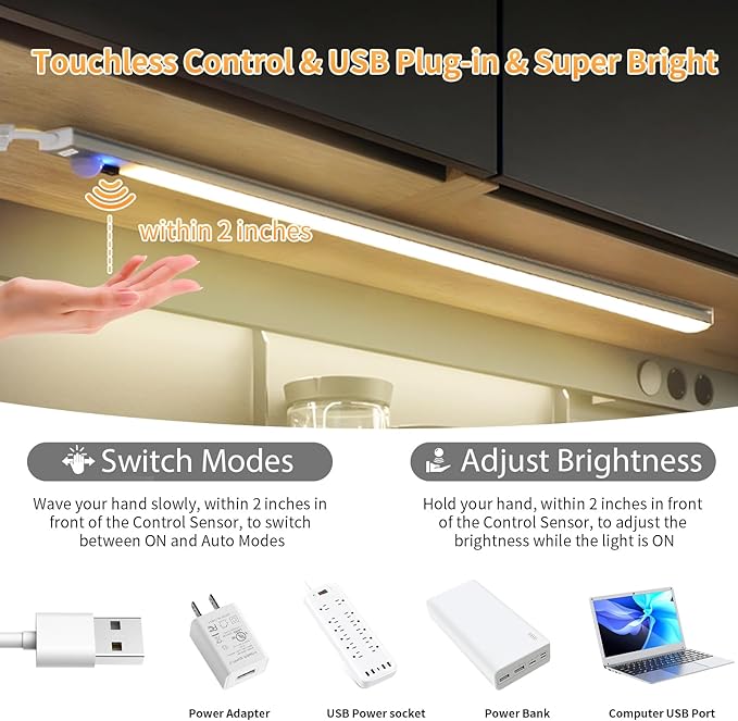 Improved 15.7" Touchless USB Plug-in LED Motion Sensor Under Cabinet Light, Super Bright & Dimmable, Motion Sensor Light Indoor for Kitchen, Cabinet, Closet, Pantry - Cool 2Pack
