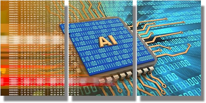 LSIUHWUWI 3 Panels Canvas Wall Decor Modern Art AI Sign and Binary Code Inside Picture Poster for Bedroom Living Room Wall Decorations, CPU Artwork Ready to Hang, 16x24inchx3