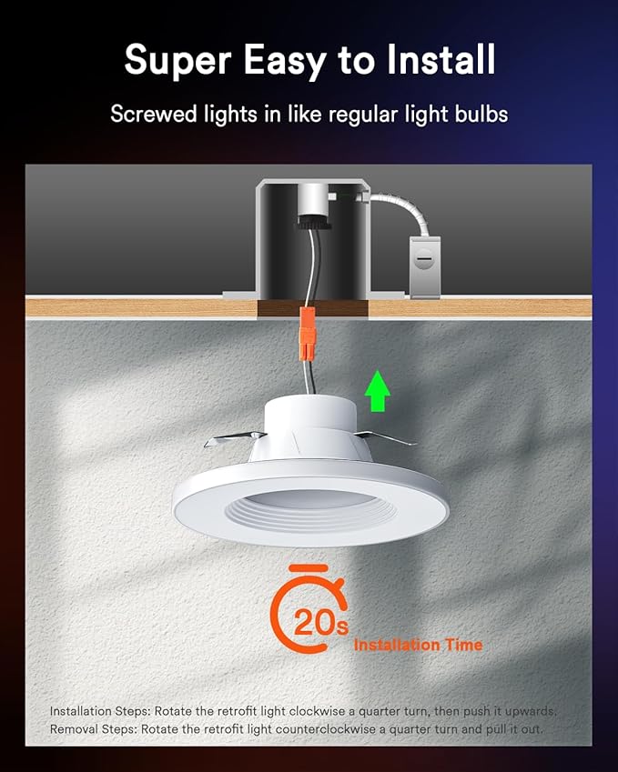 Grace Smart Recessed Lighting 6 Inch, RGBCW LED Can Lights with Night Light, Retrofit Downlight Works with Alexa/Google, 2700K-6500K Dimmable Color Changing Ceiling Light for Bedroom Living Room,4pack
