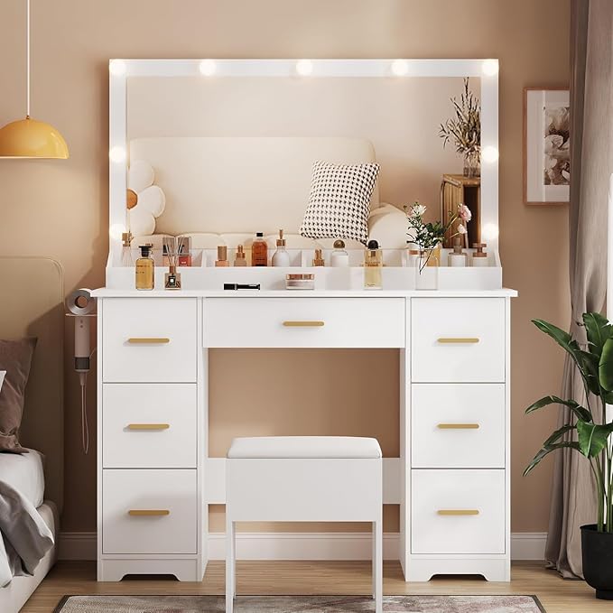 44" Vanity Desk with 38" Large Mirror and 9 LED Lights & Glass Top and Power Outlet, Makeup Vanity Set with 7 Drawers & Chair and RGB Ambient Light, Dressing Table for Bedroom, Modern White