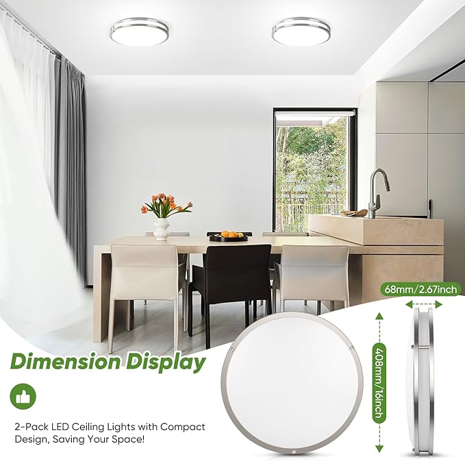16in 50W LED Flush Mount Ceiling Lights 5600lm Super Bright, Dimmable LED Ceiling Light Fixtures 2700K-6500K 5CCT Adjusted, 2-Pack Modern Light Fixture Ceiling for Living Room Bedroom Kitchen , Nickle