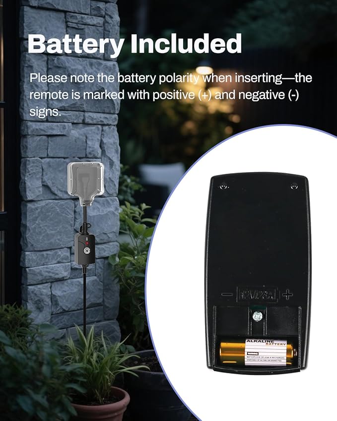 HBN Outdoor Indoor Wireless Remote Control 3-Prong Outlet Weatherproof Heavy Duty 15 A Compact 1 Remote 1 Outlet with Remote 6-inch Cord 100ft Range ETL Listed (Battery Included)