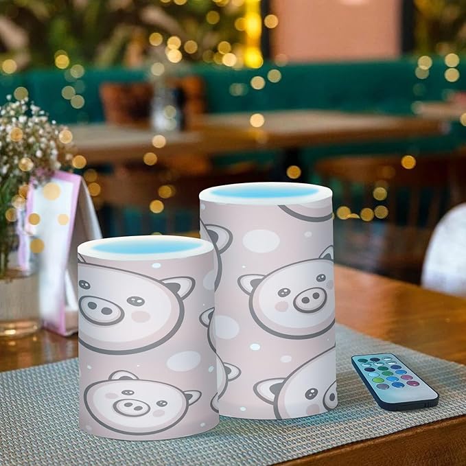 Cute Pigs Flameless Candles Color Changing LED Candles with Remote Control Battery Candles for Outdoor and Indoor Home and Room Decoration, 3'' x 4''/5'' Set of 2 Pieces