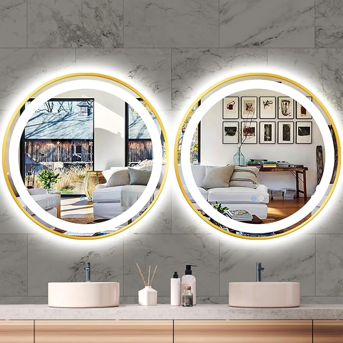 28 Inch Gold Round Vanity Mirror with Lights Gold Frame Circle Lighted Mirror for Bathroom Salon Wall 28" Golden Circle Round LED Light up Mirrors Smart Touch Memory 3 Color Dimmable AntiFog