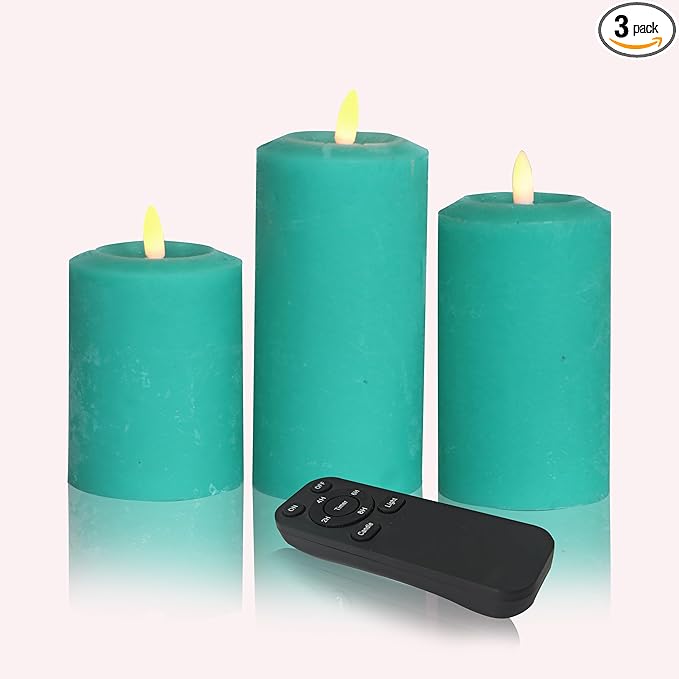 CANDLE CHOICE Real Wax Battery Operated Flameless Candles with Remote Automatic Timer Realistic Flickering Electric LED Pillars Wedding Party Holiday Decorations 3 Pack Rustic Texture Peacock Blue
