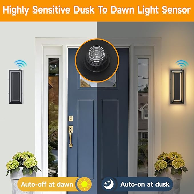 Dusk to Dawn Outdoor LED Wall Sconce,15.7 in Black Modern Square Outdoor Light Fixtures Wall Mount,Waterproof 2-Tier Exterior Lights for House,Garage,Porch,Patio,Yard,Foyer,3000K,24 W, 2PCS