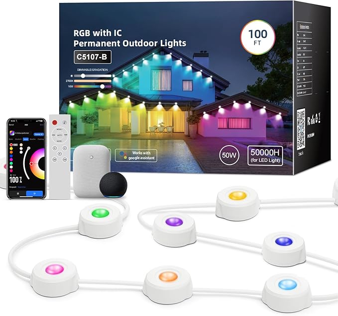Smart Permanent Outdoor Lights, RGB with IC + Warm White 2700K, Under-Eave Lighting, Wi-Fi/Voice/Remote Control, 100ft/72 LEDs/IP67 Light / IP65 Controller, 111+ Scenes/Music Sync, Alexa/Google