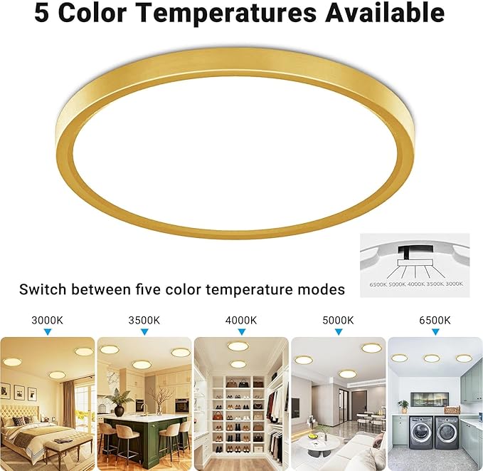 2 Pack LED Flush Mount Ceiling Light,7Inch 15W,3000K/3500K/4000K/5000K/6500K 5 Color Temperatures Ceiling Light Fixture for Kitchen Porch Hallway Bedroom Bathroom and Closet,Brushed Gold