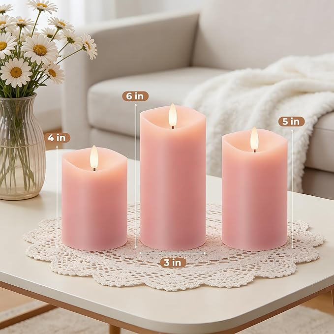Pink Flameless Candles with Remote and Timer, Real Wax Made LED Pillar Candles Battery Operated with 3D Flickering Flame Melted Edge, 3" x 4",5",6", Set of 3 (Pastel Pink)