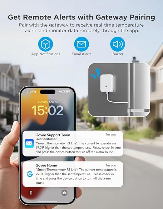 GoveeLife Refrigerator Freezer Thermometer 1 Pack, Bluetooth Temperature Sensor with Alarm, Smart APP Alerts for Fridge/Freezer/Tub(WiFi Gateway Not Included)