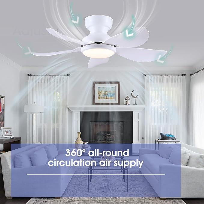 36 Inch Modern Ceiling Fans with Lights, Small Flush Mount Ceiling Fans, Remote/APP Control, 5 Reversible Curved Blades, 6 Speeds, 3 CCT Dimmable Lights for Kitchen Bedroom, White