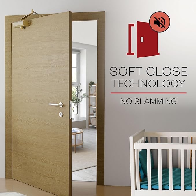 PrimeWare DC-300 Automatic Adjustable Door Closers for Home | Soft Close, No Slam | Residential and Commercial Door Closer | Level 3 | for Doors Weighing 90-140 lbs | Hydraulic Door Spring - Gold