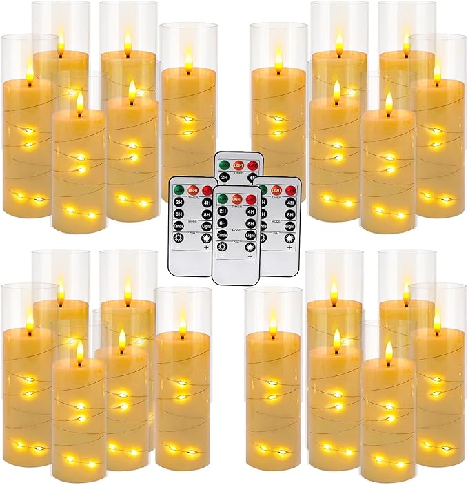 24 Pcs LED Flameless Candles with Remote, 3D Flickering Flame & LED String Lights, Acrylic Clear Cylinder, Timer Function, Romantic Ambience for Home Decor, Party, Wedding.