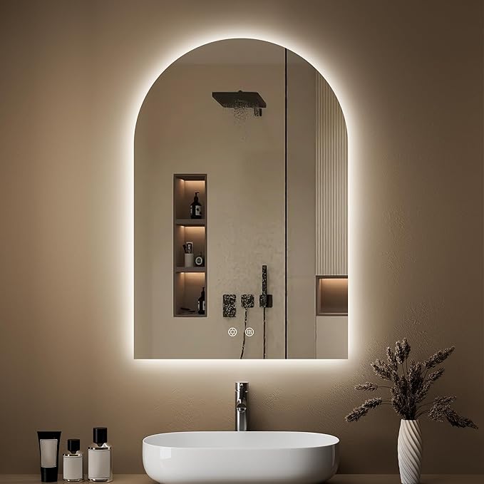 Arched Backlit Mirror Bathroom 20"x30"- Frameless LED Bathroom Mirror with Lights, Fogless, Dimmable, 3 Color Changing, Shatterproof, Touch Sensor