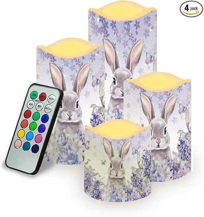 Easter Bunny Purple Floral Plastic Flameless Candles with Remote Control and Timer LED Flickering Battery Electric Pillar Candles for Table Easter Decoration