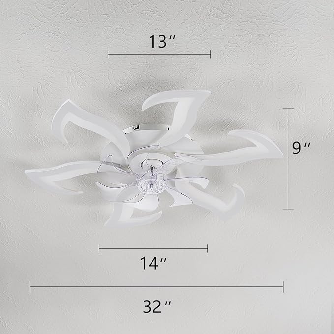 Modern Ceiling Fan with Light and Remote, Low Profile 32 Inch White Flush Mount Fandelier Ceiling Fan for Kitchen Bedroom