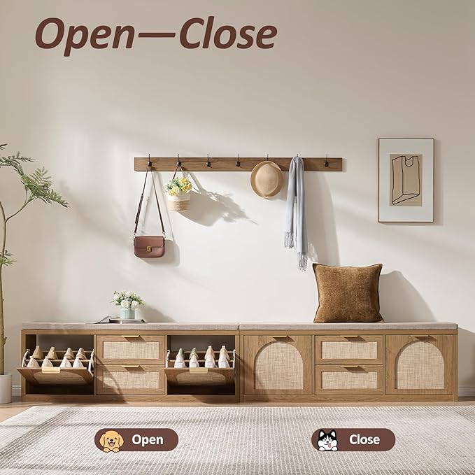 Rattan Narrow Entryway Bench with Shoe Storage, 4 Drawers & Coat Rack, Mid-Century Modern Wood Shoe Cabinet with Seat Cushion for Foyer/Hallway (Rustic Oak Rattan)