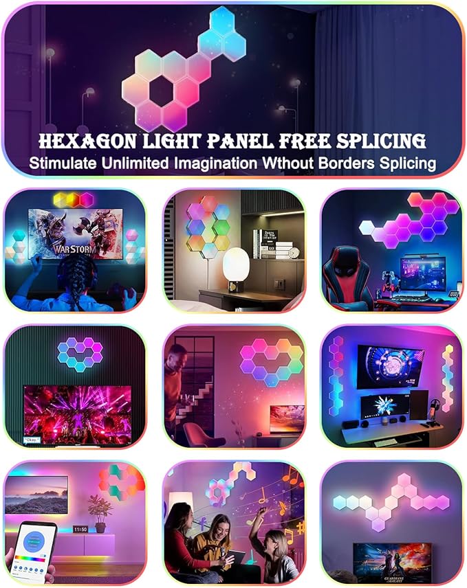 Hexagon LED Lights 6 Pack, Smart RGB Wall Decor with APP/Voice Control, Music Sync, DIY Modular Honeycomb Lights for Gaming Room, Bedroom, Home Theater Wall Decor