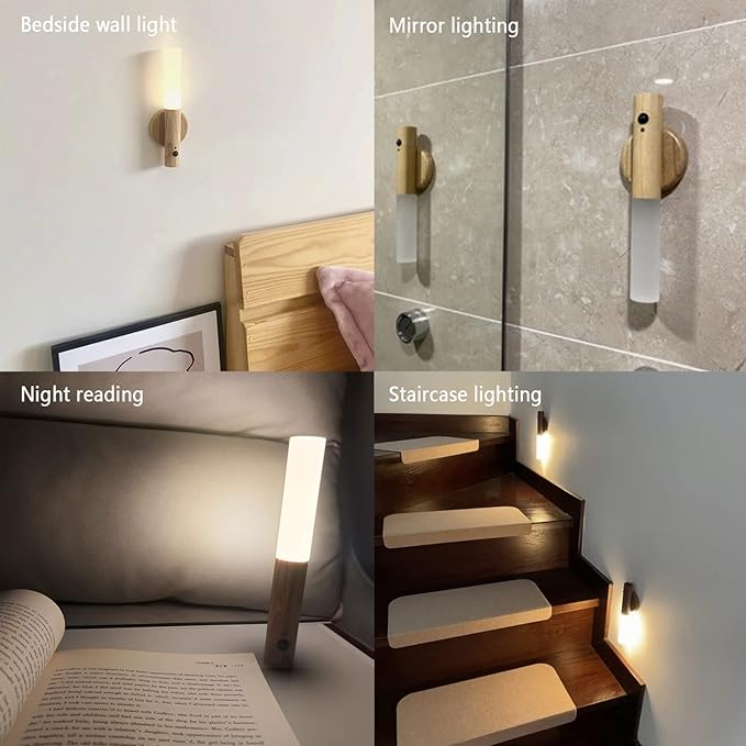 Rechargeable Battery Night Light Motion Sensor Set of 2 LED Wall Lights with 3-Modes Switch Wireless Portable USB Wall Sconces Mini Wood Stick Magnetic Lamp for Bedroom Bathroom Aisle Stairs