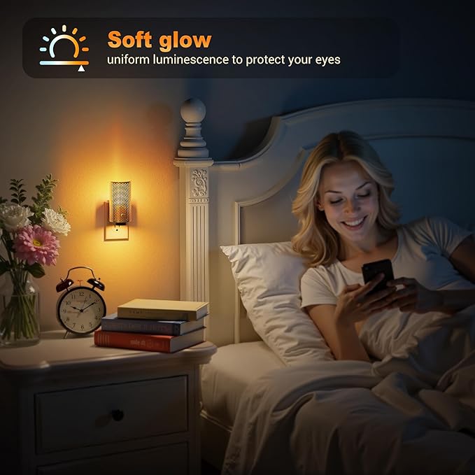 JandCase Night Lights Plug into Wall, Pretty Nightlight with Metal Shade, 3000K Warm White 0-100LM Adjustable Brightness, Flames Flickering Night Light for Bathroom Hallway Bedroom