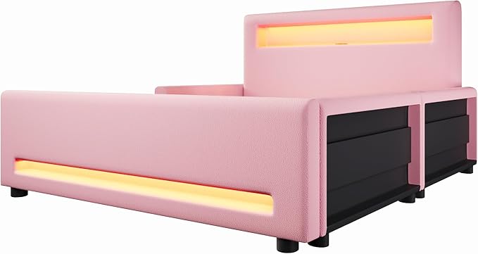 MERITLINE Full Size Upholstered Platform Bed with Drawer, App-Controlled RGB LED Light Strip & USB Port, PU Fabric Storage Bed (Pink) | LED light, Storage Drawer