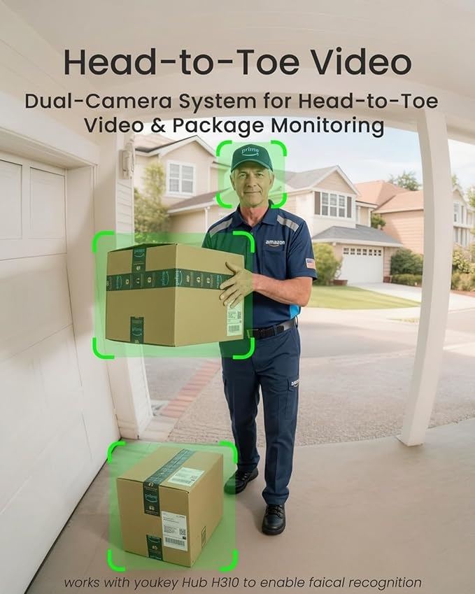 youkey Dual-cam Video Doorbell–See Visitor & Package at Once, No Monthly Fee, 2K Battery Doorbell with Package Detection, 5Ghz WiFi, Built-in 8GB Storage, Works with Alexa & Google Home,Chime Included