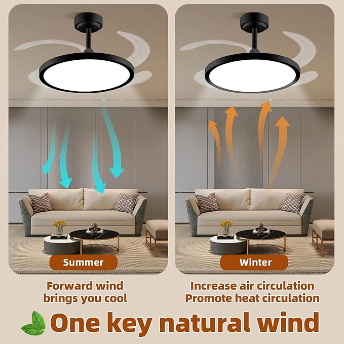 BAYSQUIRREL Slim Retractable Ceiling Fan with Lights and Remote/APP Control,6 Speed Dimmable Reversible Memory Ceiling Fan,42 inch Modern Silent Smart Ceiling Fans for Bedroom Living Room Dinning Room