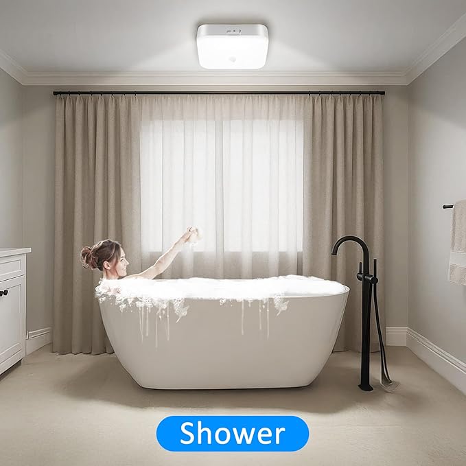 TOOWELL Waterproof Rechargeable Shower Light Indoor - 10000mAh Motion Sensor Closet Lights, Battery Operated Ceiling Light for Shower Closet Patio Pantry Hallway Porch Stair