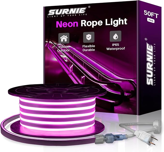 SURNIE 50ft Pink LED Neon Lights, IP65 Waterproof LED Light Strip Flexible Cuttable AC 110V LED Rope Lights DIY, Indoor Outdoor for Residential, Commercial Building Decoration