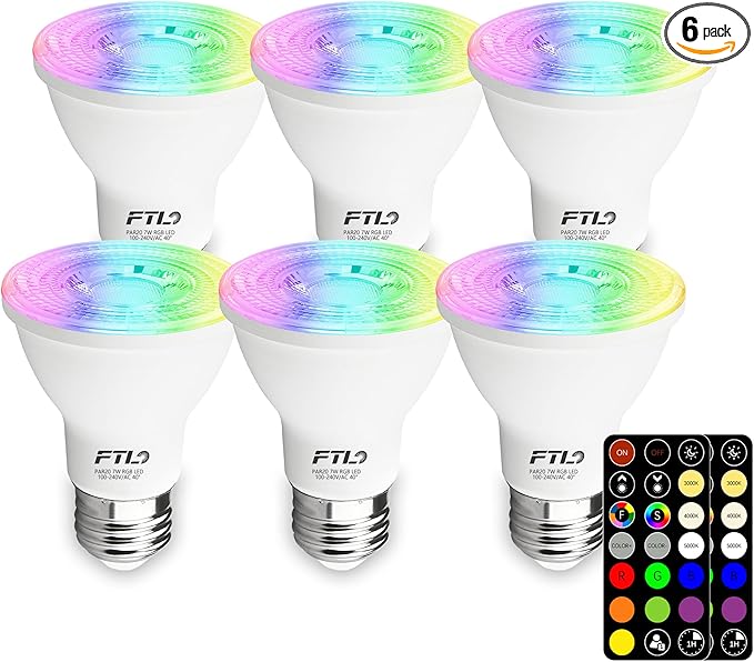 FTL PAR20 LED Bulbs Color Changing Light Bulbs with Remote Control, Dimmable RGB Colored Bulbs 2700K-6000K 7W 60W Equivalent, Timer,30 Colors, Flood Light for Track Recessed Lighting, 6-Pack
