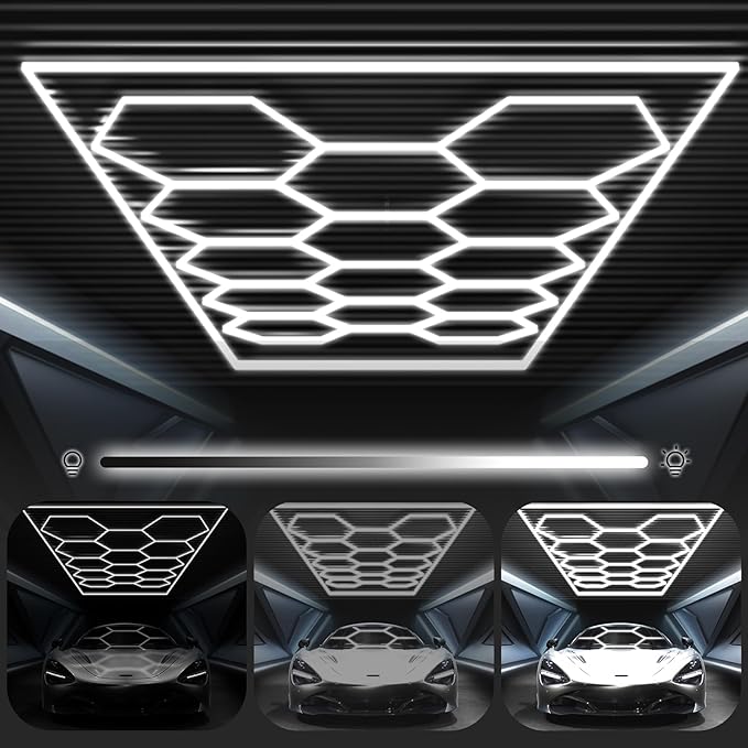 Hexagon Garage Lights 3 Level Dimmable with Rectangle Frame, High Brightness 672W 26000 to 86400LM 6500K, 14 Hex Grid for Garage, Shop, Basement, Car Detailing Shop etc. with Mounting Clip