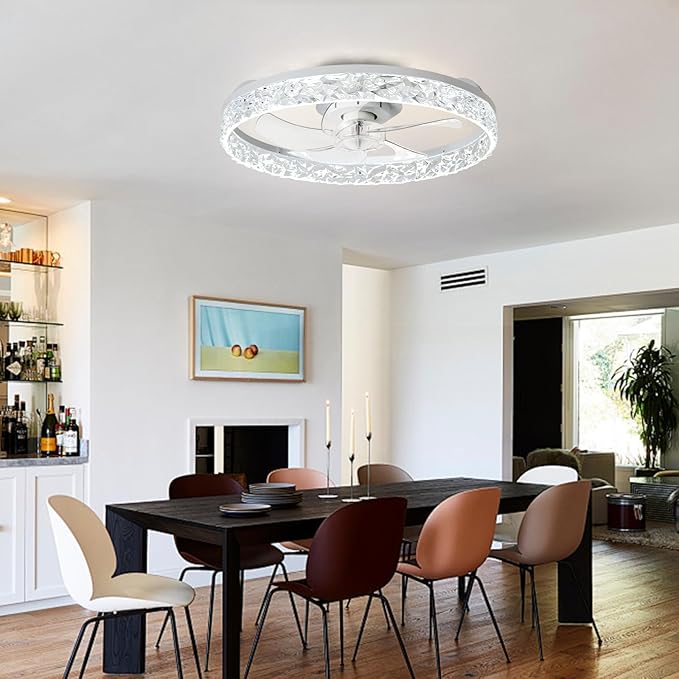 Depuley Ceiling Fans with Lights and Remote: 20" Modern Low Profile Flush Mount LED Ceiling Fan for Bedroom App Control - White Crystal Bladeless Fandelier for Living Room Kitchen Dimmable DC Motor