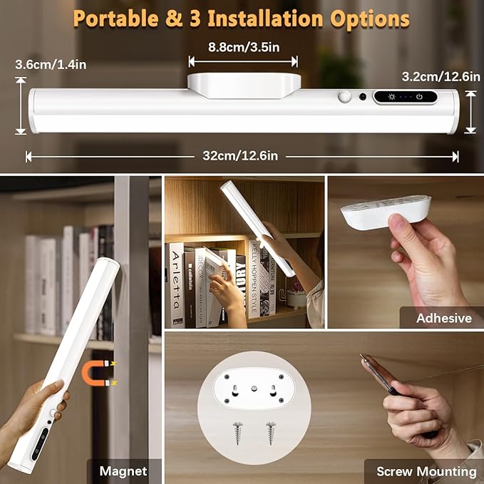 Hapfish Motion Sensor LED Light Bar Indoor, Rechargeable Under Cabinet Lighting Wireless, Magnetic Battery Powered Operated Wall Strip Lights with Remote Control for Mirror Closet Counter - White