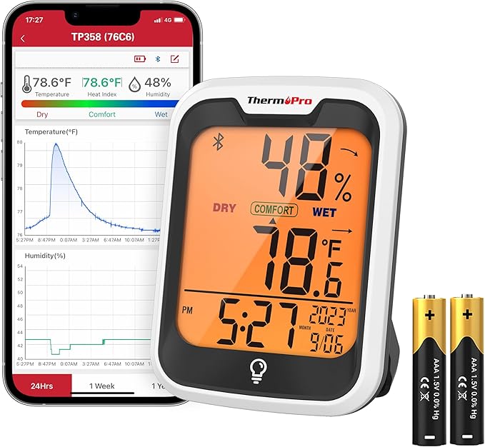 ThermoPro TP358 Bluetooth Thermometer for Room Temperature with Built-in Clock, Smart Temperature Sensor and Humidity Meter with Backlit, 260Ft Hygrometer Indoor Thermometer with Data Storage Export