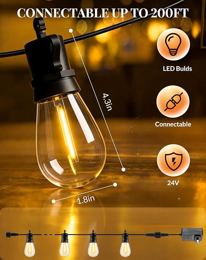 Outdoor String Lights LED Patio-Light - 50Ft Outside Waterproof Dimmable Porch Lights with Remote Shatterproof S14 Bulbs Outside Hanging Light Connectable Lighting for Gazebo Backyard Bistro Pergola