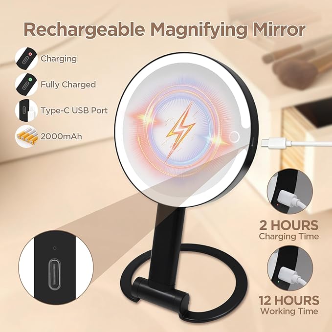 Lighted Makeup Mirror with 3 Color Modes & Dimmable Brightness, 360° Rotation, Double-Sided 1X/10X Magnifying Mirror, Rechargeable Portable Vanity Mirror for Home and Travel, Touch Control - White