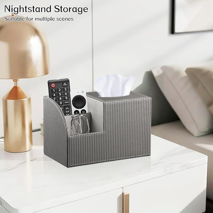 Fanousy Square Tissue Box Cover with Storage, PU Leather Cube Tissue Box Holder, Remote Control Nightstand Organizer, Modern Desk Caddy for End Table, Bathroom, Bedroom, Home, Office Decor(Grey)