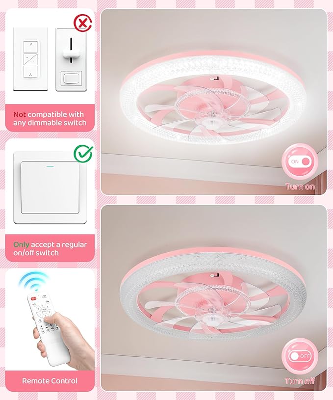 2 in 1 Wifi RGB-LED 20” Ceiling Fans with Lights and Remote, 3000-6500K Dimmable Flush Mount Smart Low Profile Ceiling Fan with Lights, Bluetooth Bladeless Fans with APP, for Bedroom, Pink