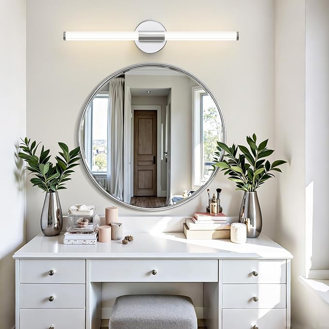 Bathroom Vanity Lights Chrome Dimmable LED 360° Full Lighting Bathroom Light Fixtures Over Mirror 24 inch Vanity Light Bar Hardwired Modern Wall Sconce 4000K Light for Bedroom Living Room