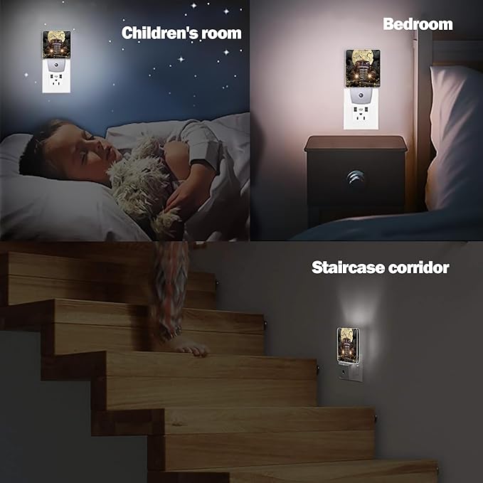 Halloween Truck Night Light, Witch Cat Pumpkin Night Lights Plug into Wall Decorations for Bedroom, Bathroom, Dusk to Dawn Sensor Nightlights for Girls Women Room Gifts