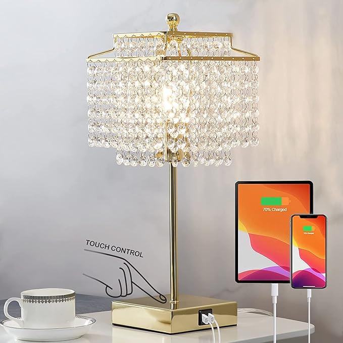 Luvkczc Set of 2 USB Bedside Crystal Table Lamp Gold, Touch Control Lamp, Dimmable Lamp with Crystal Shade for Bedroom, Living Room, 6W LED Bulb Included