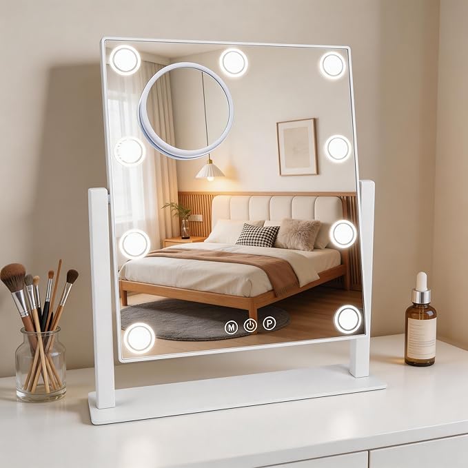 Lighted Makeup Mirror, 14"x 12" Hollywood Vanity Mirror with 9 LED Bulbs, 3 Color Lights, and Detachable 10X Magnification Mirror, 1200mAh Rechargeable, Touch Control, 360°Rotation (White)