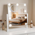 Lighted Makeup Mirror, 14"x 12" Hollywood Vanity Mirror with 9 LED Bulbs, 3 Color Lights, and Detachable 10X Magnification Mirror, 1200mAh Rechargeable, Touch Control, 360°Rotation (White)