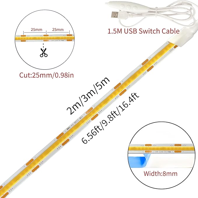 5V USB COB LED Strip Lights with Remote Dimmable Switch 2Pcs,6.56FT/2M,Natural White 4000K,320LEDs/M,8mm Width,Not Waterproof IP20,1.5M USB Switch Cable,for DIY Home Indoor Decoration