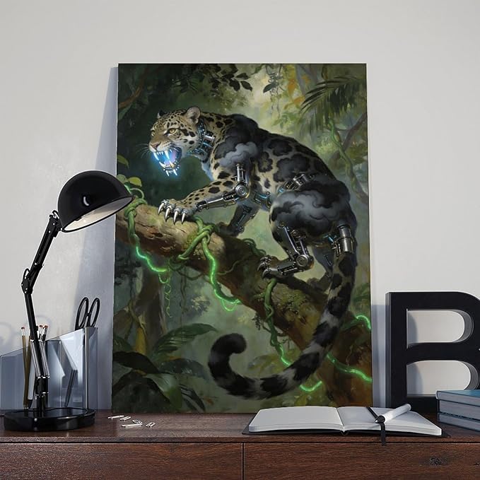 Framed Steampunk Mechanical Leopard Wall Art - Jungle Futuristic Beast Poster for Man Cave Living Room Decor 08x12inch(20x30cm)