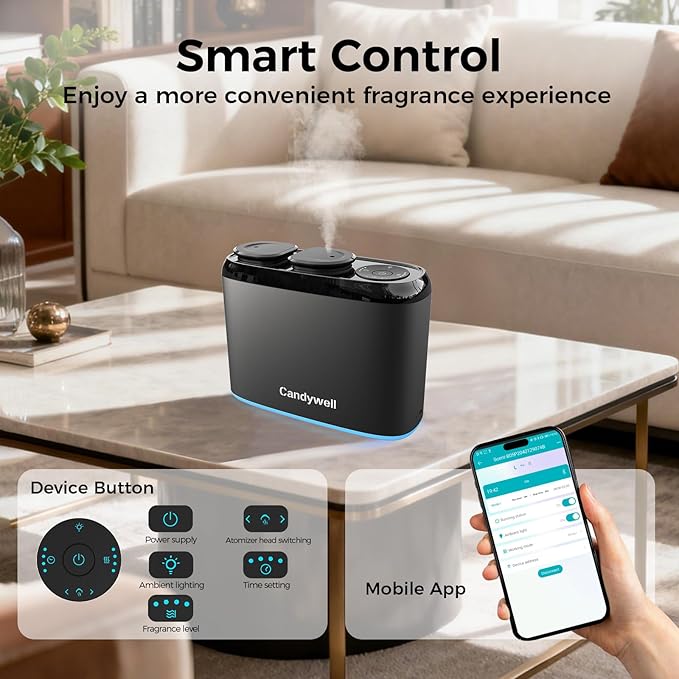 Smart Waterless Essential Oil Diffuser with Dual Nozzle & App Control, Cold Air Tech Diffuser for 1500 Sq Ft, with 4 Timer & Mist Levels, Hotel Scent Diffuser for Home & Office